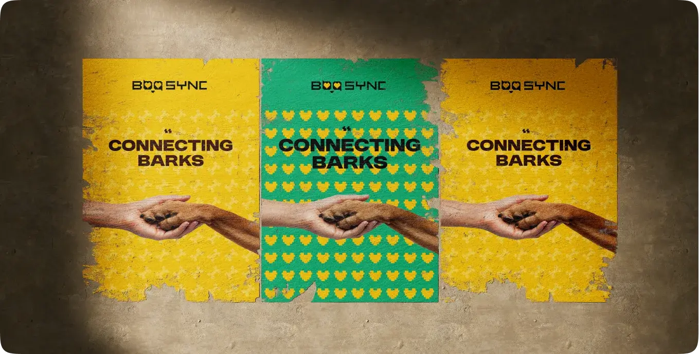 Boo-Sync brand identity packaging mockup — Connecting Barks yellow box design by Satzartz